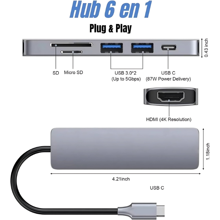 HUB Adaptador USB-C 6 en 1