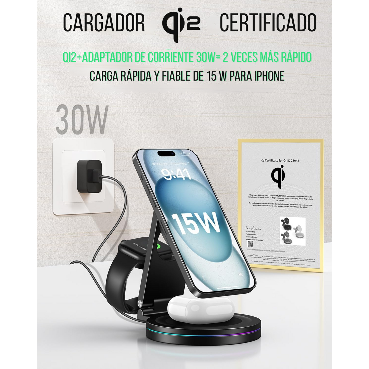 Cargador 3 en 1 MagSpin 15W para iPhone