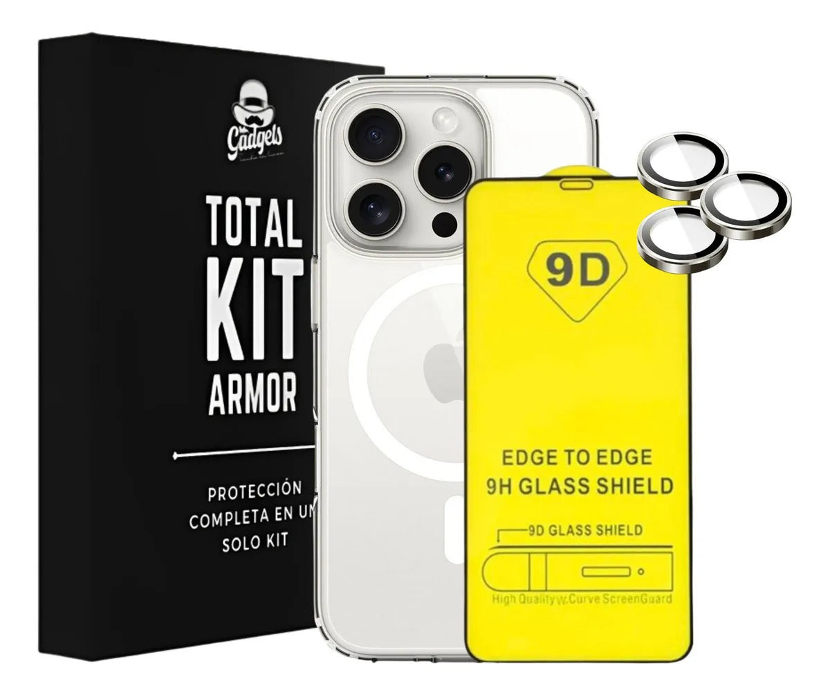 Kit Funda + Mica de Pantalla + Aros de Cámara para iPhone