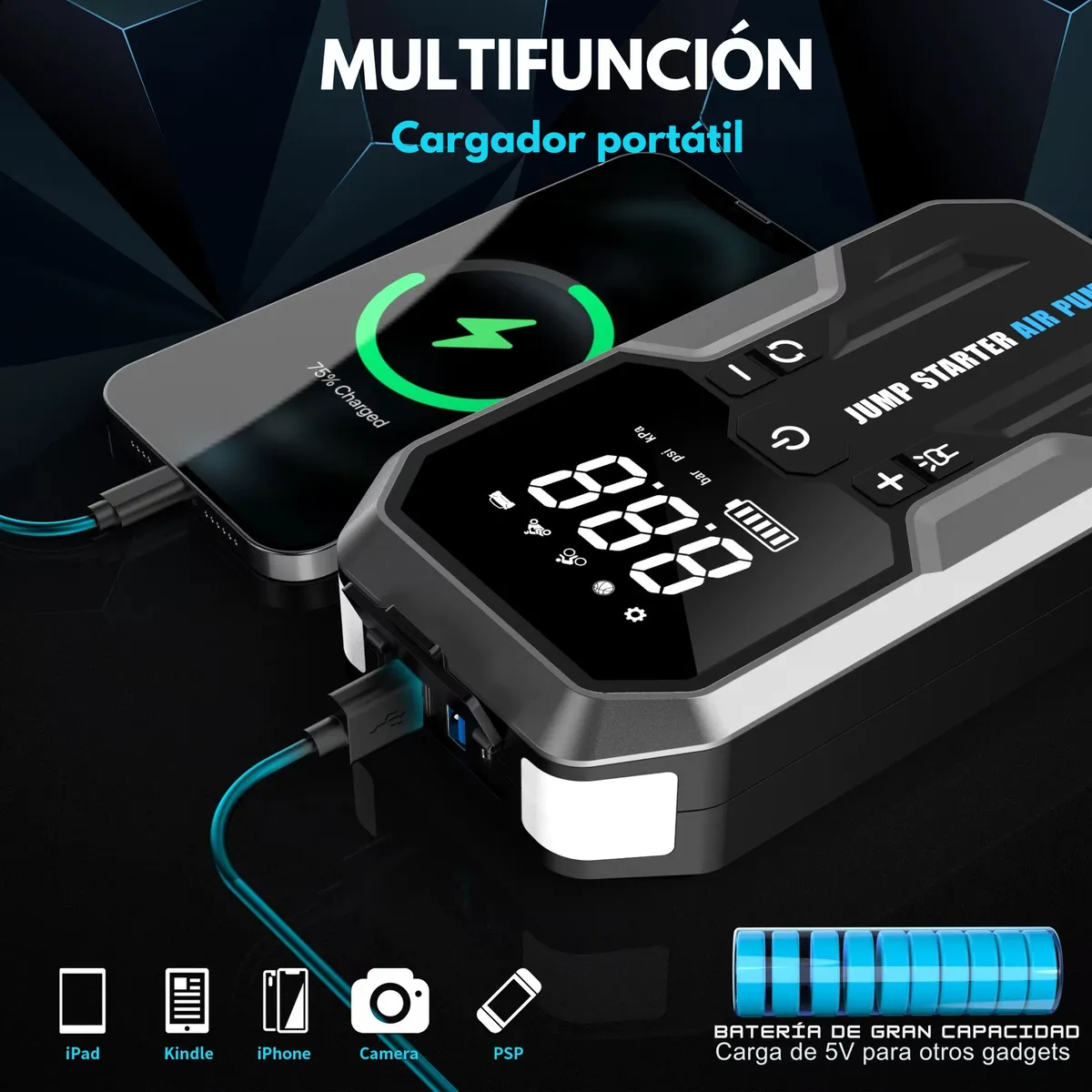 Batería De Emergencia Bomba De Aire Portátil 4 En 1 Jumper